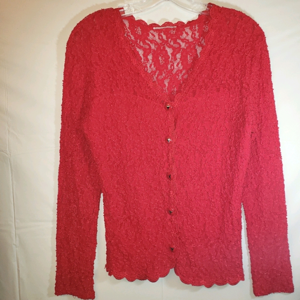 Red Lace Button Down Long Sleeve Lace Top